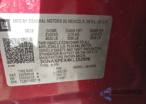 2019 Chevrolet Equinox Premier из США, поврежденный, VIN 3GNAXPEX4KL152908